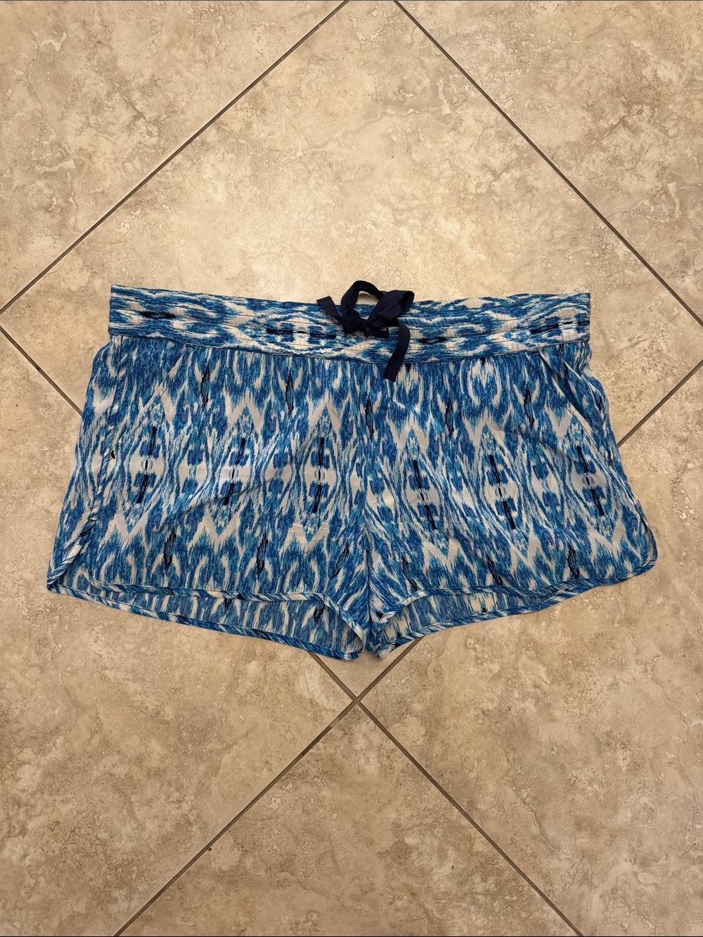 Joie Blue Ikat Print Drawstring 100% Silk Lounge Shorts, Size Small